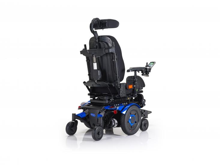 Rear view of Invacare TDX SP2 showing six-wheel base and anti-tip wheels