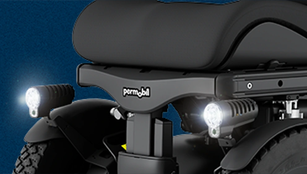 The back section of a F3 Corpus power chair showing LED Lights